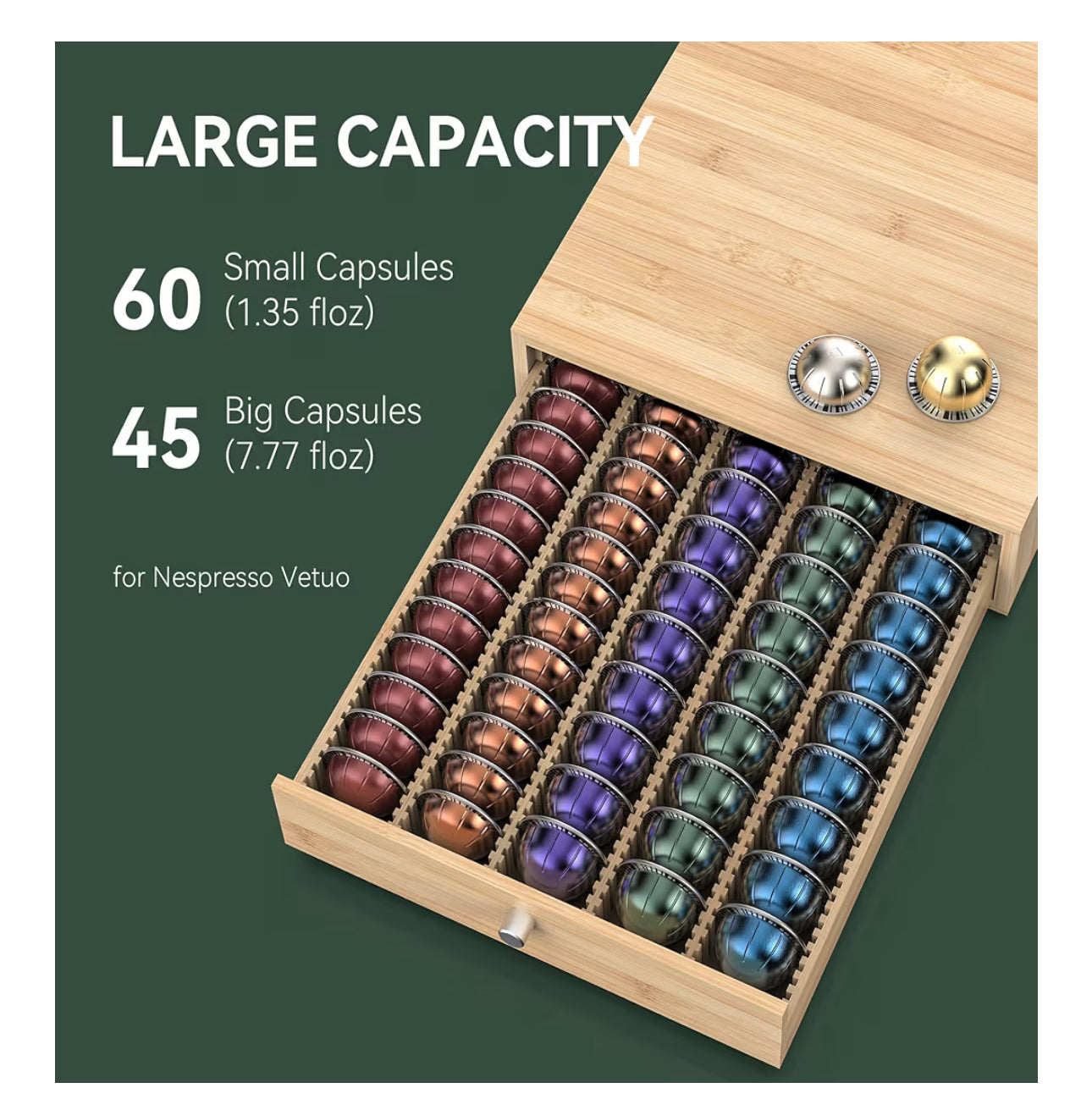 WELL WENG For Nespresso Vertuo Capsules (NV140) - Premium Bamboo Coffee Pod Drawer, 40 Big Or 52 Small Vertuoline Pods Organizer Holder - 10.8"Wx15.6"Dx3.9"H (Natural)