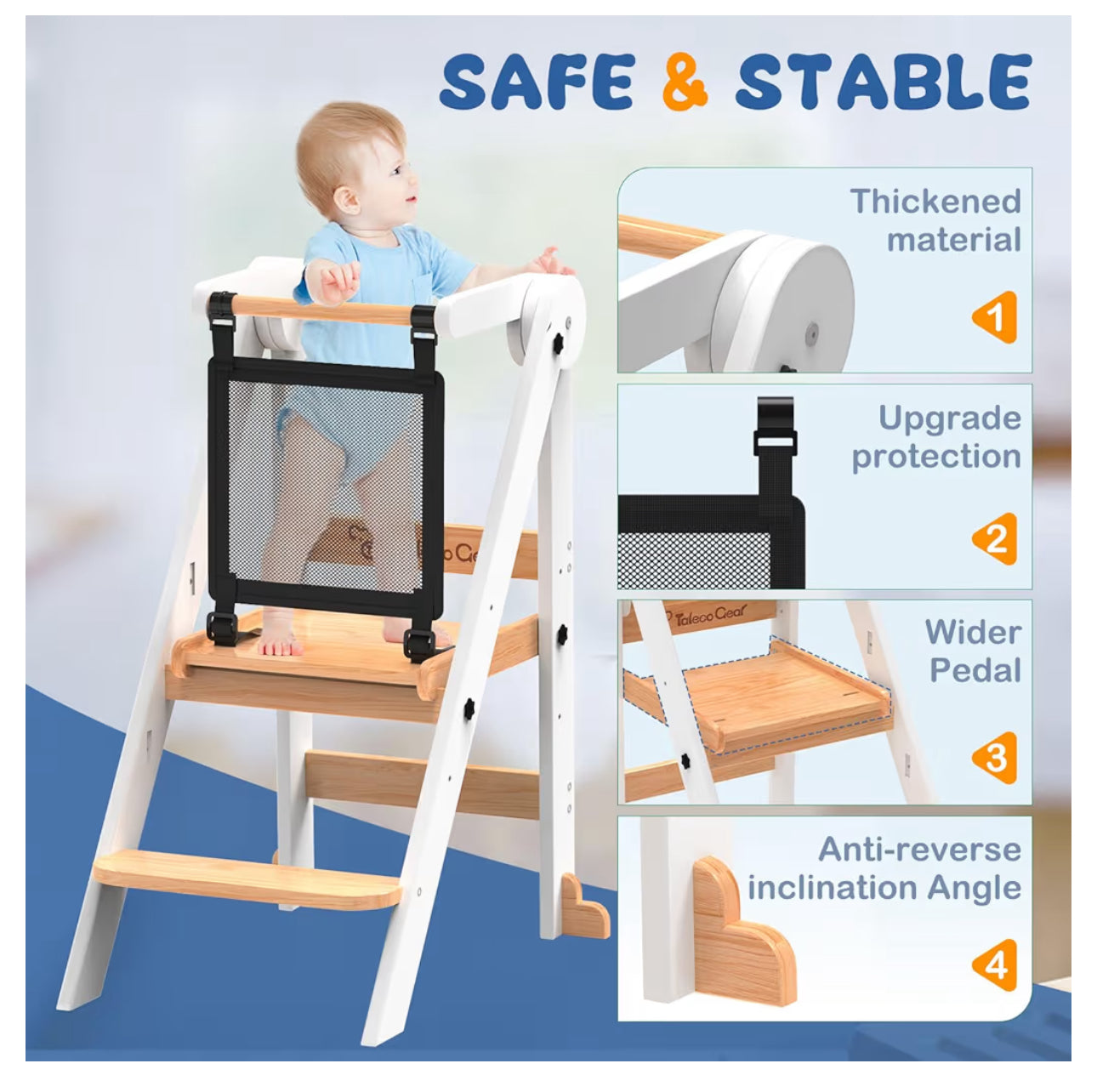 Foldable Toddler Tower, Toddler Kitchen Stool Helper With Safety Net, Wooden Kitchen Step Stool For Toddlers With Adjustable Height, Standing Tower For Learning And Cooking(White)