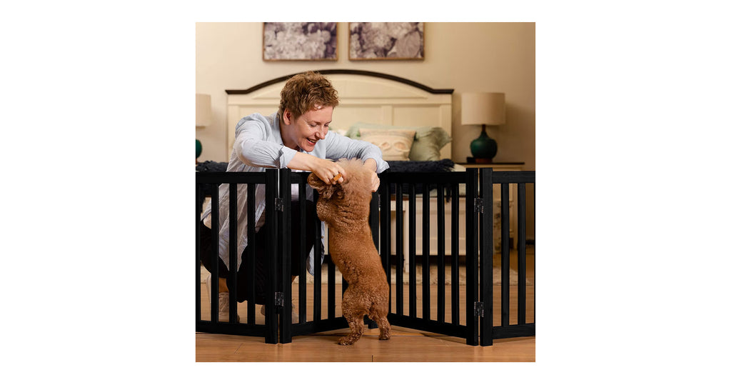 LZRS 4-Panel Wooden Free Standing Foldable Dog Gate Indoor – 24" High, Extra Wide Step-Over Safety Pet Gate For Doorways, Stairs, Hallways, Large Spaces & Playpen For Puppies Indoor Use, Black