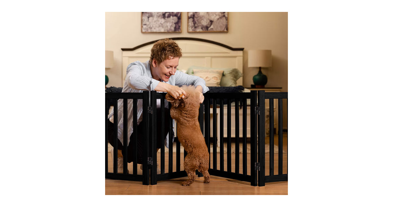 LZRS 4-Panel Wooden Free Standing Foldable Dog Gate Indoor – 24" High, Extra Wide Step-Over Safety Pet Gate For Doorways, Stairs, Hallways, Large Spaces & Playpen For Puppies Indoor Use, Black