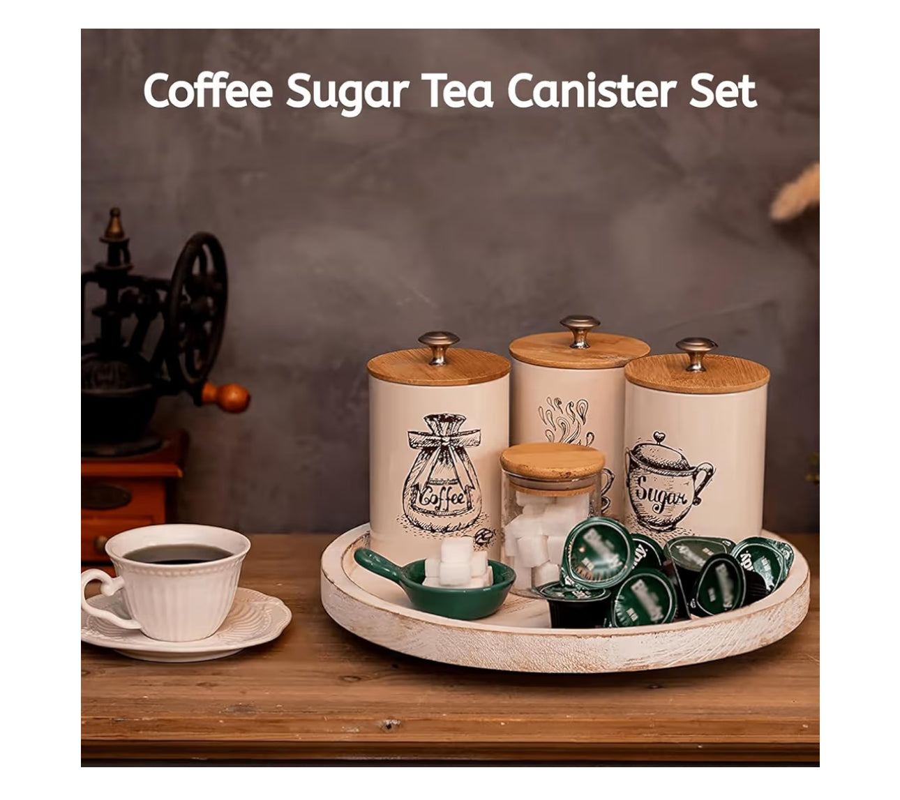 Youeon Small Canister Sets For Kitchen Counter, 25 Oz Coffee Sugar Tea Canister Set, Metal Vintage Kitchen Container 3 Pack, Food Storage Containers With Bamboo Lid, Farmhouse Decor, Beige