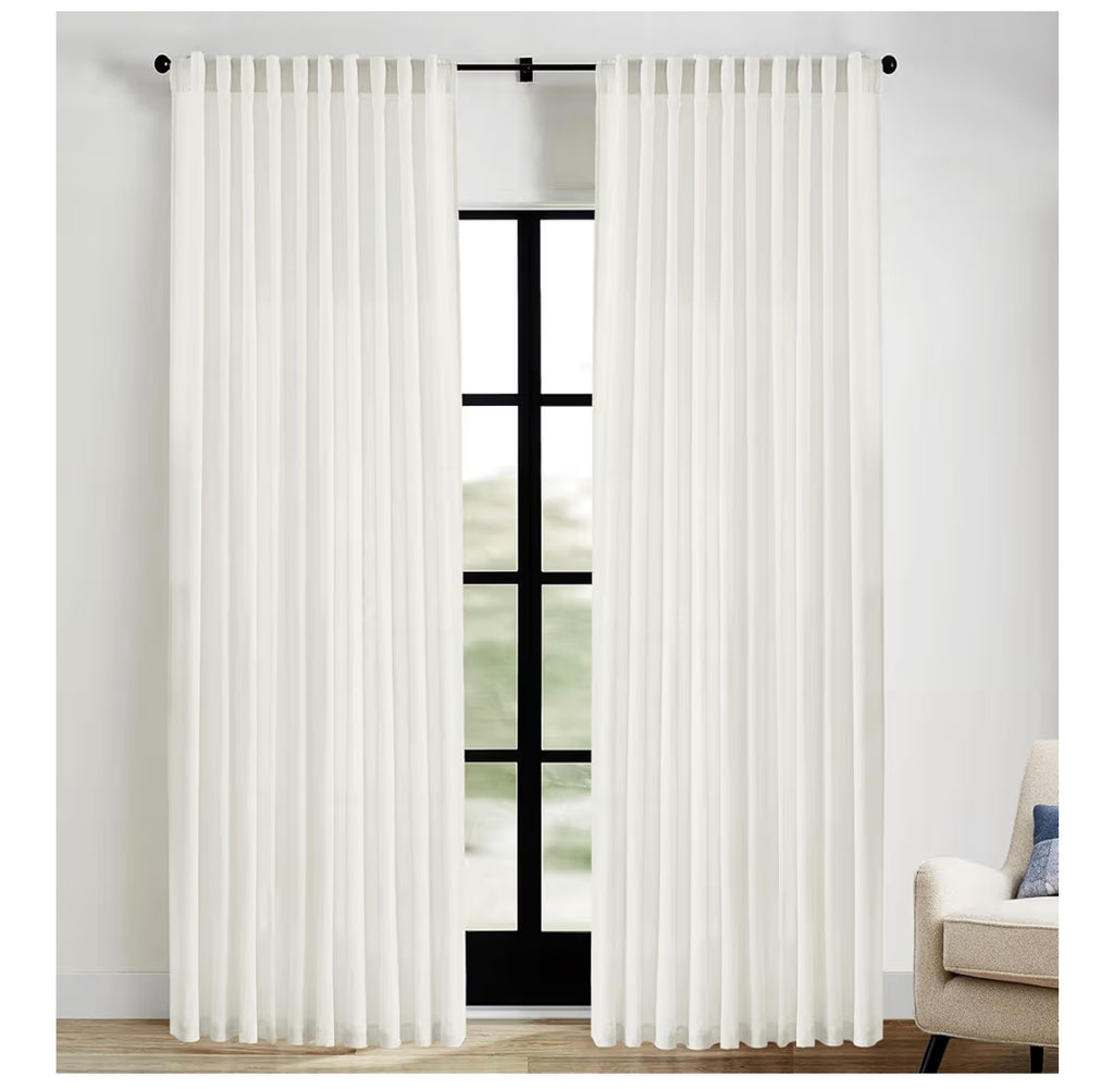 Extra Wide Curtains 70 In Width For 60 & 72 Inch Window,Pleated Back Tab Linen Semi Sheer Full Length Curtains For Living Room Sliding Glass Door 2 Panel Set,72x84,70x84,6FT X 84 Inches Long,Cream