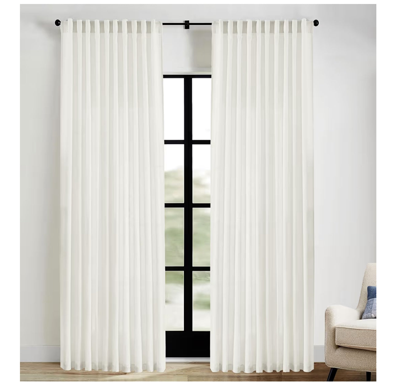 Extra Wide Curtains 70 In Width For 60 & 72 Inch Window,Pleated Back Tab Linen Semi Sheer Full Length Curtains For Living Room Sliding Glass Door 2 Panel Set,72x84,70x84,6FT X 84 Inches Long,Cream