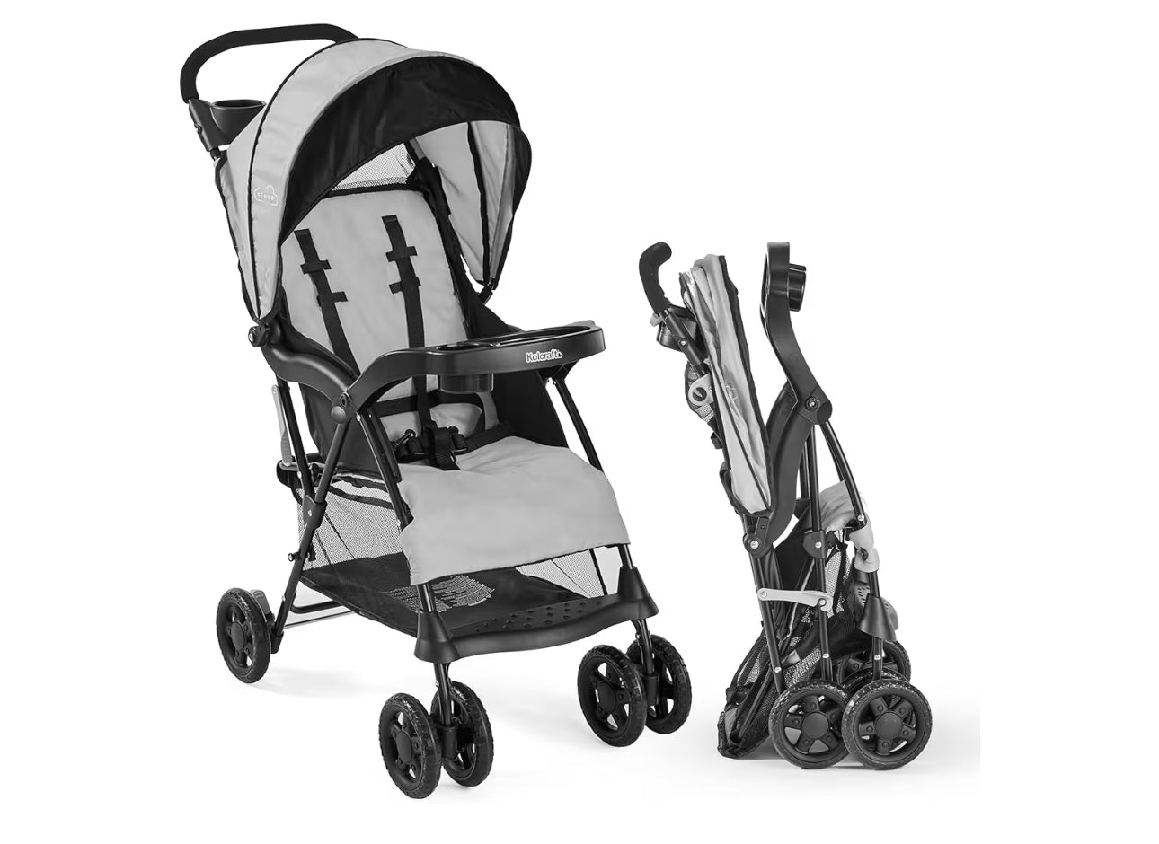 Kolcraft Cloud Plus Lightweight Umbrella Stroller For Toddlers With Reclining Seat, Large Storage Basket, Canopy, Infant & Parent Trays, Compact Fold For Summer Travel, Durable Frame, Slate Gray