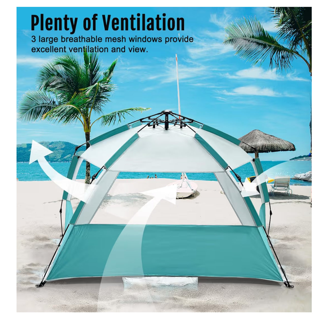 WhiteFang Deluxe XL Pop Up Beach Tent Sun Shade Shelter For 3-4 Person, UV Protection, Extendable Floor With 3 Ventilating Windows Plus Carrying Bag, Stakes, And Guy Lines (Mint Green)
