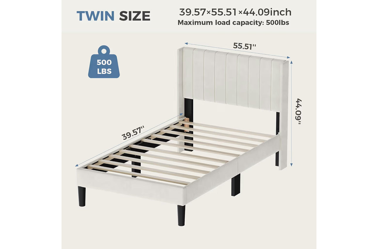 DUMOS Twin Size Bed Frame with Modern Fabric Upholstered Wingback Headboard & Wooden Slats, 500lbs Capacity, No Box Spring Needed, Easy Assembly Upholstered Platform Bed, Beige