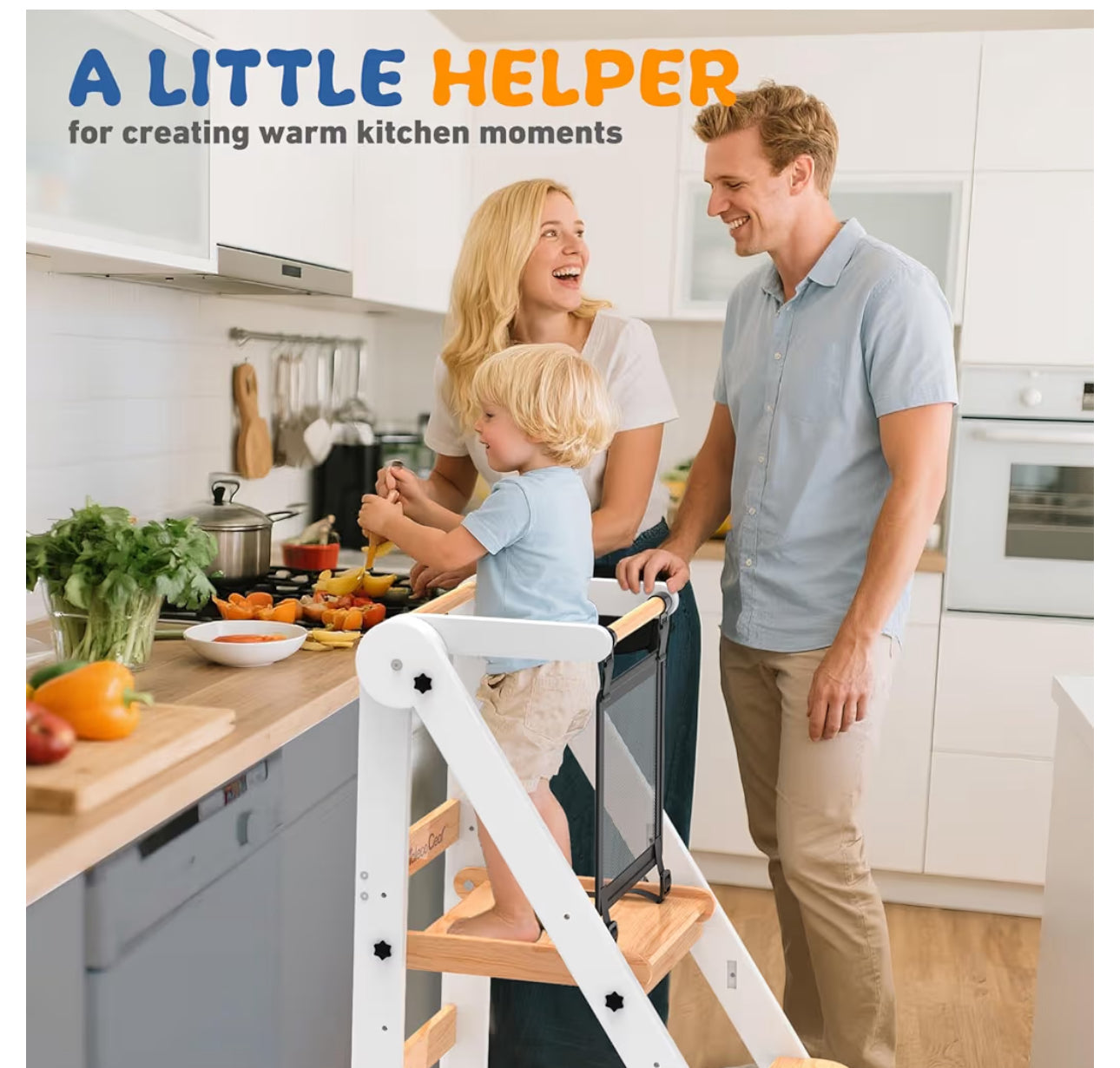 Foldable Toddler Tower, Toddler Kitchen Stool Helper With Safety Net, Wooden Kitchen Step Stool For Toddlers With Adjustable Height, Standing Tower For Learning And Cooking(White)