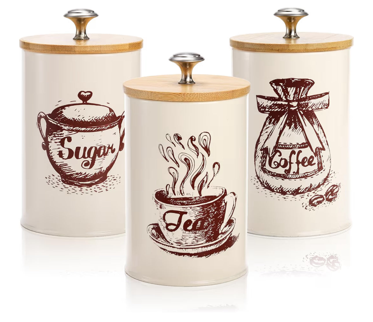 Youeon Small Canister Sets For Kitchen Counter, 25 Oz Coffee Sugar Tea Canister Set, Metal Vintage Kitchen Container 3 Pack, Food Storage Containers With Bamboo Lid, Farmhouse Decor, Beige
