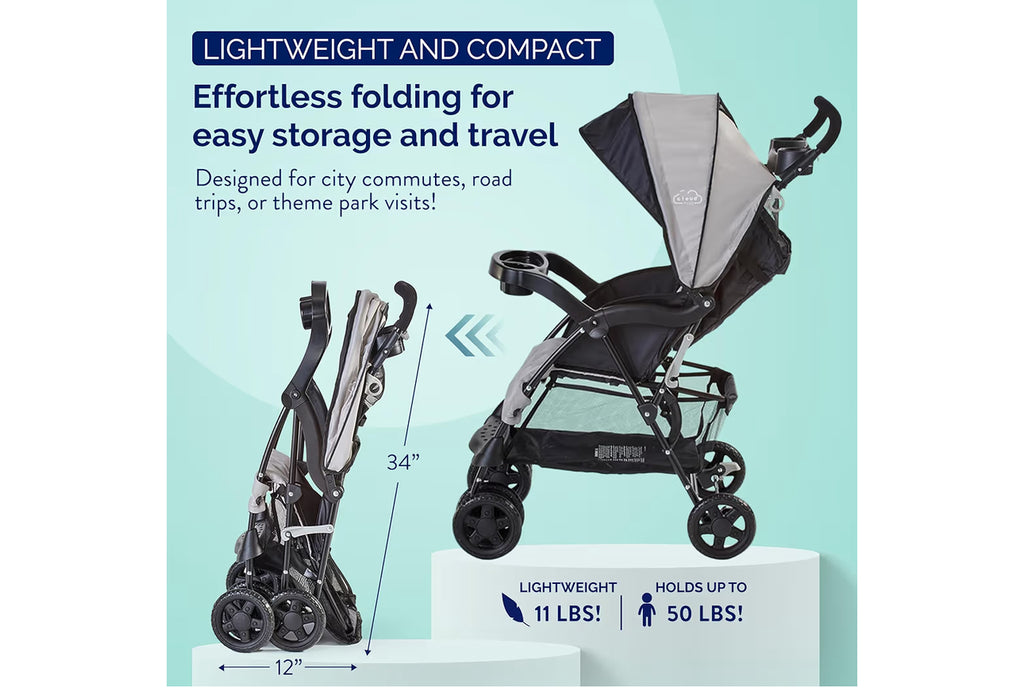 Kolcraft Cloud Plus Lightweight Umbrella Stroller For Toddlers With Reclining Seat, Large Storage Basket, Canopy, Infant & Parent Trays, Compact Fold For Summer Travel, Durable Frame, Slate Gray