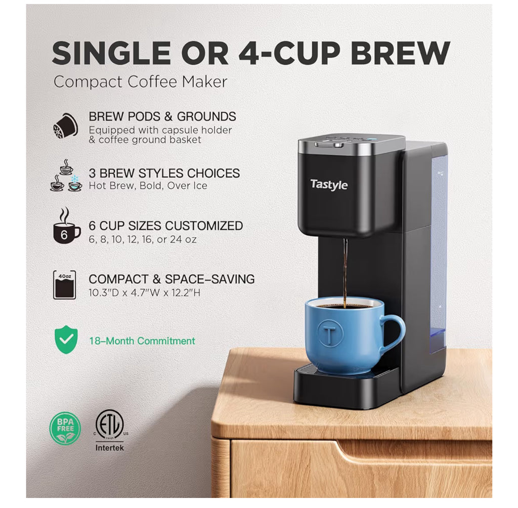 Tastyle Single Serve Coffee Maker, Iced And Hot Coffee Machine For K Cup & Grounds, Compact Design, 40oz Removable Water Reservoir, 6 To 24 Oz Brew Sizes, Fits 7.3" Travel Mug, Black+Gold