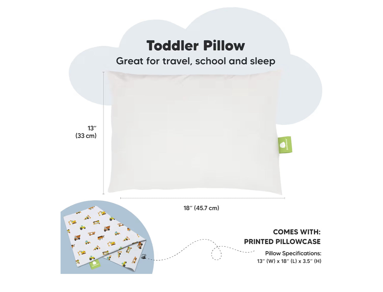 Toddler Pillow With Pillowcase - 13x18 My Little Dreamy Kids Travel Bed Pillows For Sleeping, Organic Cotton Small Pillowcase, Soft & Breathable, Machine Washable, Toddlers 2-5 Years Old(Construction)