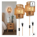 AKEETO Plug-In Wall Sconces Set Of 2, Handwoven Bohemian Wall Decor With Switch, Wall Lights Fixtures For Bedroom Living Room Hallway Porch