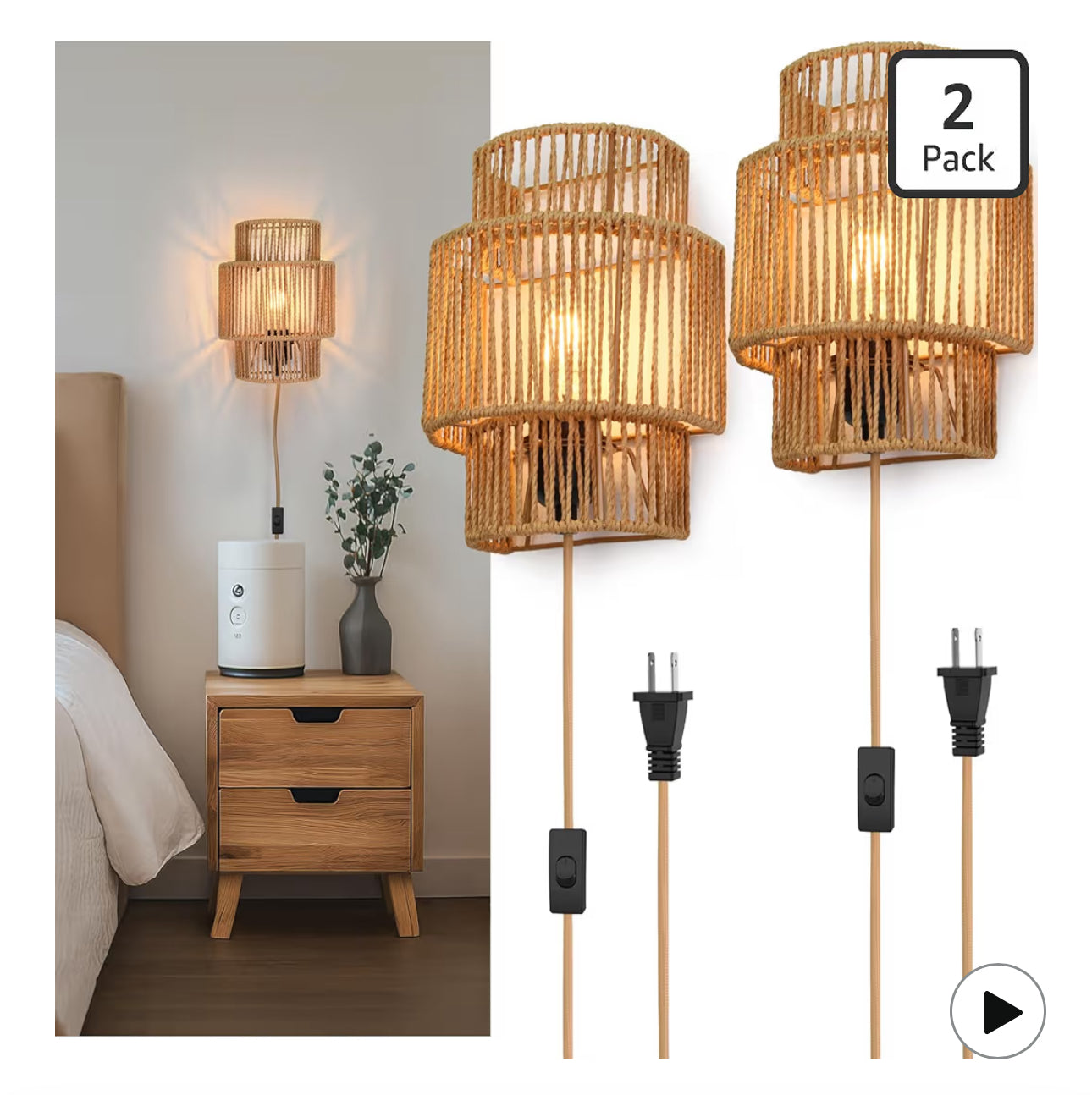 AKEETO Plug-In Wall Sconces Set Of 2, Handwoven Bohemian Wall Decor With Switch, Wall Lights Fixtures For Bedroom Living Room Hallway Porch
