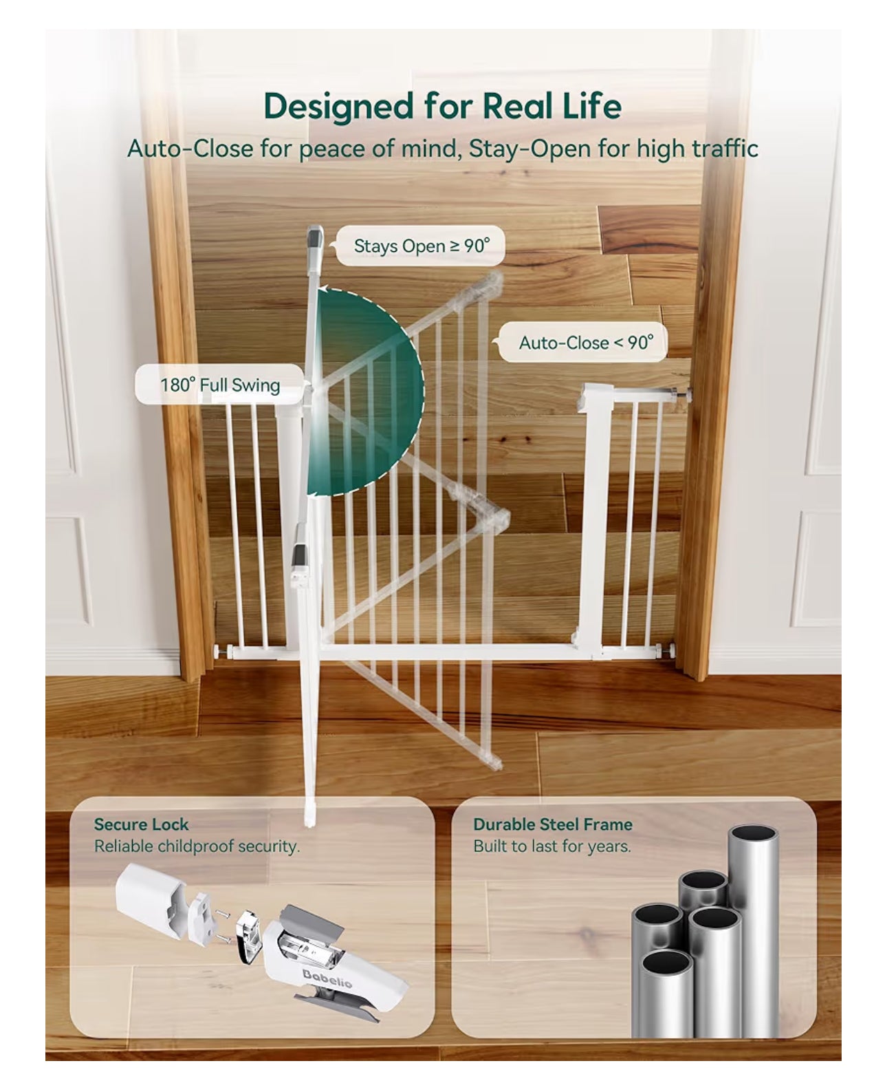Babelio 36" Tall Baby Gate, PressGuard P7, 29-55" Auto Close Pressure Mounted Dog Gate for Doorways & Hallway, Basics Easy Walk Thru Pet Gate, Extra Wide Metal Child Gate, White