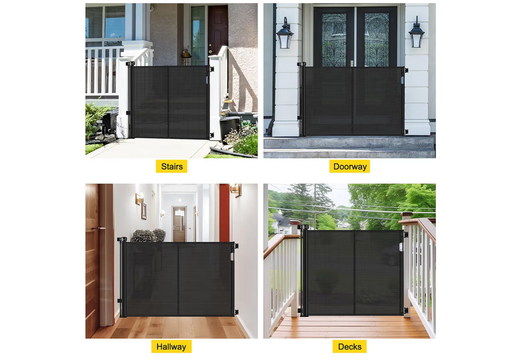 Reinforced 42” Extra Tall Retractable Baby Gates With Rods, Extends Up To 60” Wide, Tall Retractable Dog Gate For Doorways Prevent Crawling Through Mesh Pet Gate Indoor Outdoor, Black