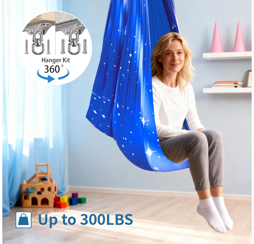Sensory Swing For Kids & Adults With 360° Swivel Hanger Kit, Double Layer Elastic Therapy Swing Holds Up To 300lbs For Autism, ADHD,Aspergers, And SPD (Blue Sky Star)