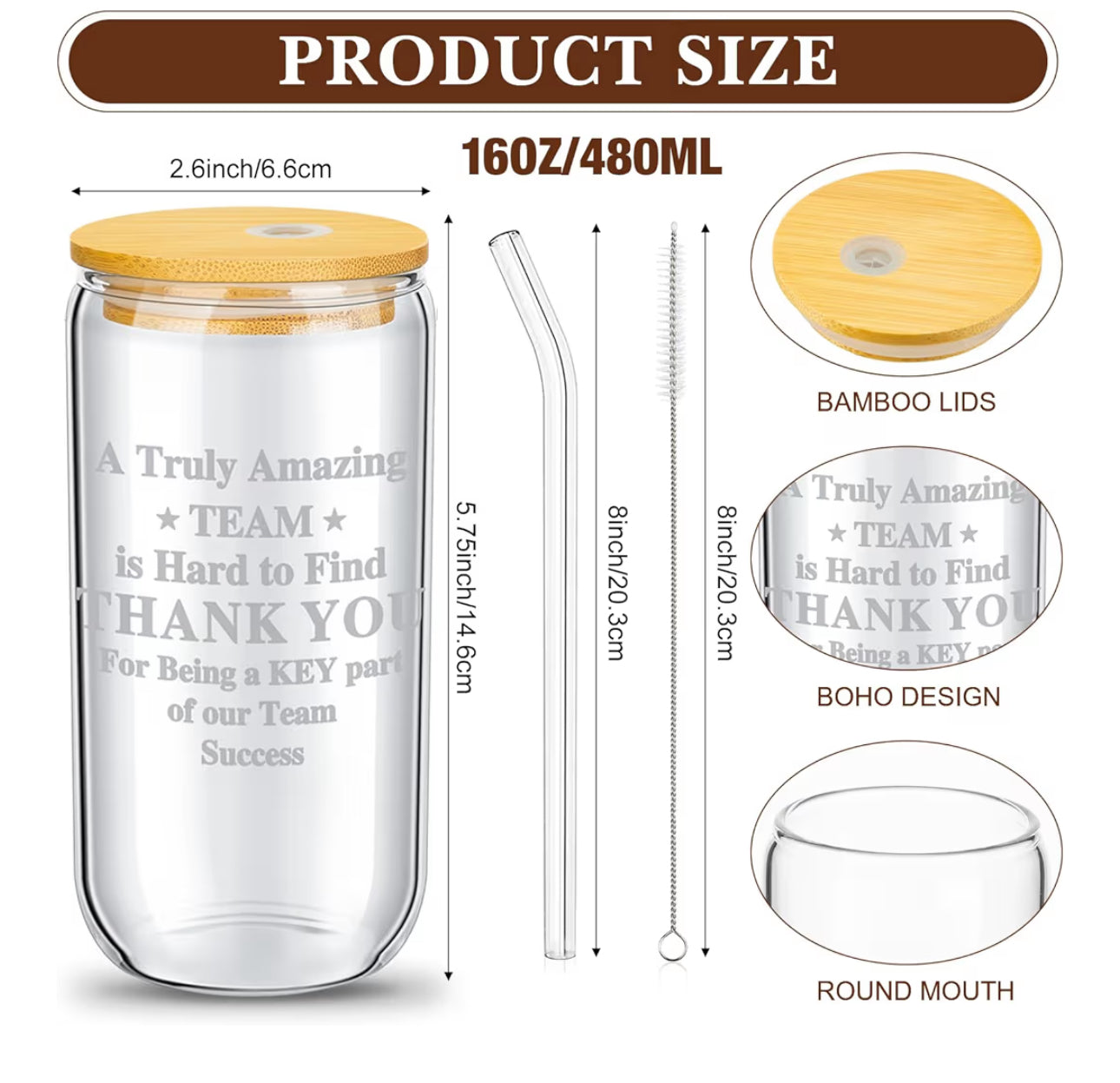 Domensi 9 Set Employee Appreciation Gifts Bulk Team Thank You Gifts Office Staff 16 Oz Glass Cups With Lids Straws Brushes For Employees Colleague Inspirational Tumbler Bulk(Vivid)