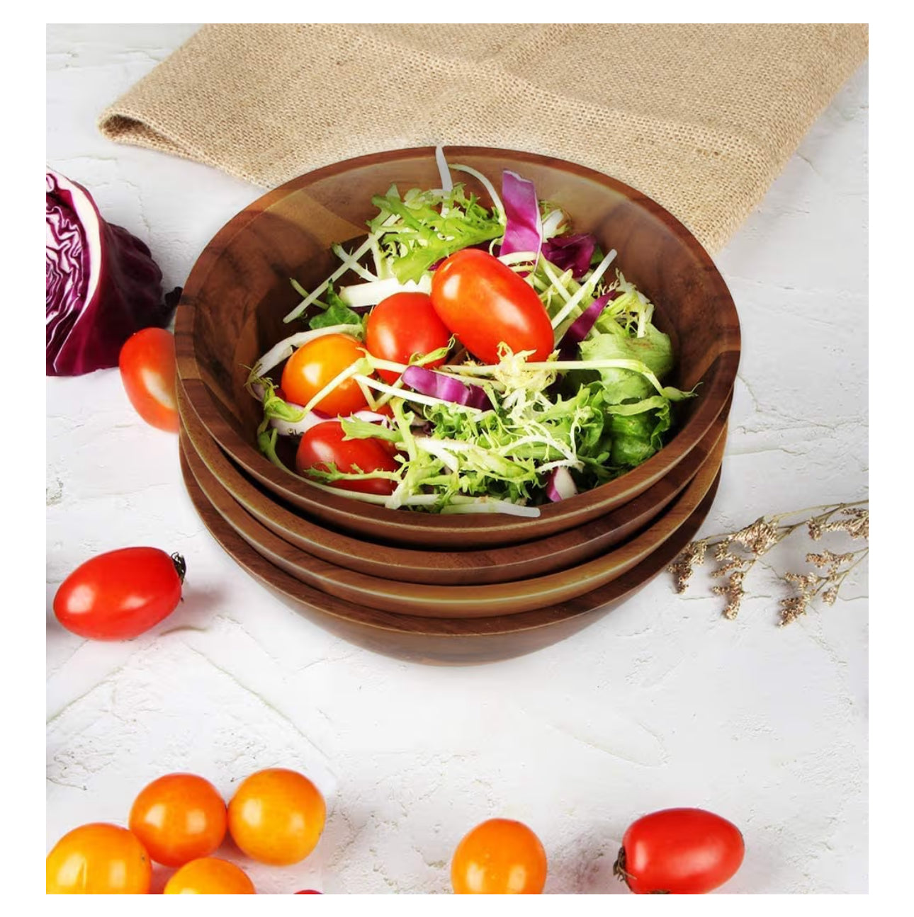 AIDEA Acacia Wooden Serving Bowls, 7 Inch Set of 4 for Salad, Soup, Noodle and More
