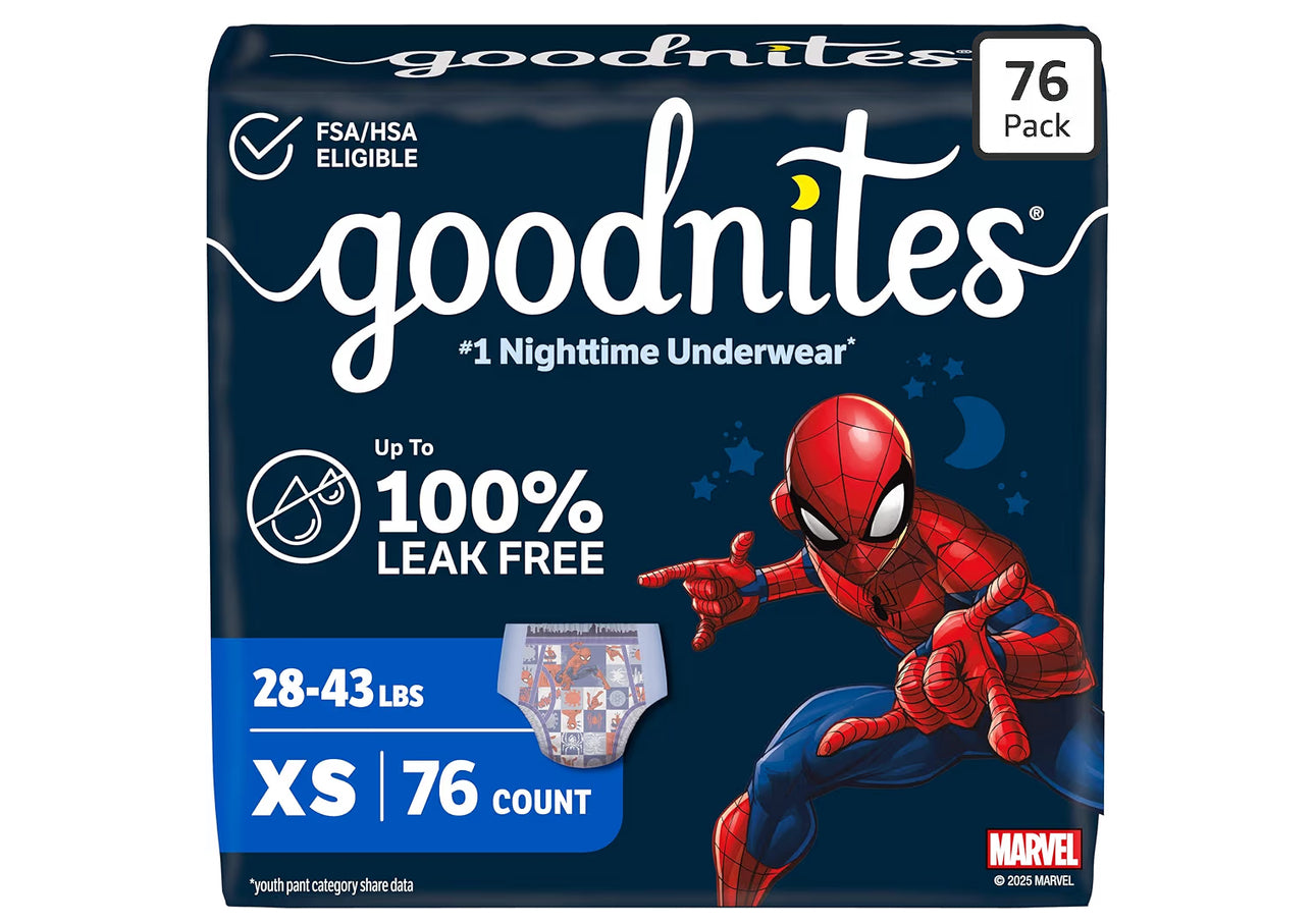 Goodnites Boys' Nighttime Bedwetting Underwear, Size Extra Small (28-43 Lbs), 76 Ct (2 Packs Of 38), Packaging May Vary
