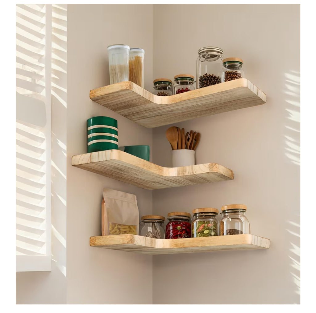 Jubilander Floating Corner Shelves Set Of 3, Solid Wood Picture Wall Shelf, Floating Shelves For Storage For Bedroom Kitchen Bathroom Living Room (Light Burnt)