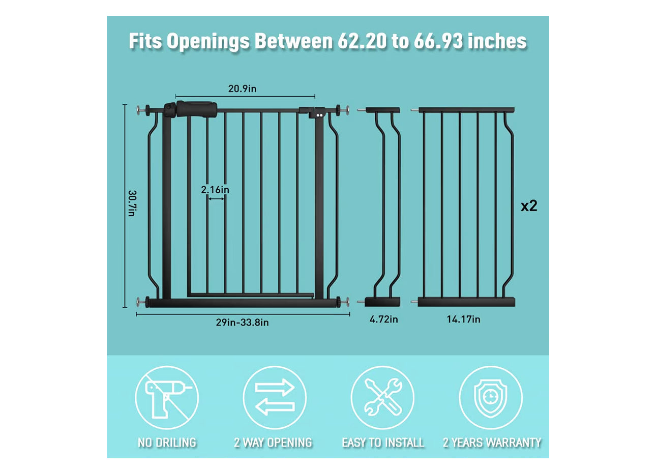 WAOWAO Baby Gate 62.19-66.92" Extra Wide Pressure Mounted Walk Through Swing Auto Close Safety Black Metal Toddler Kids Child Dog Pet Puppy For Stairs,Doorways,Kitchen