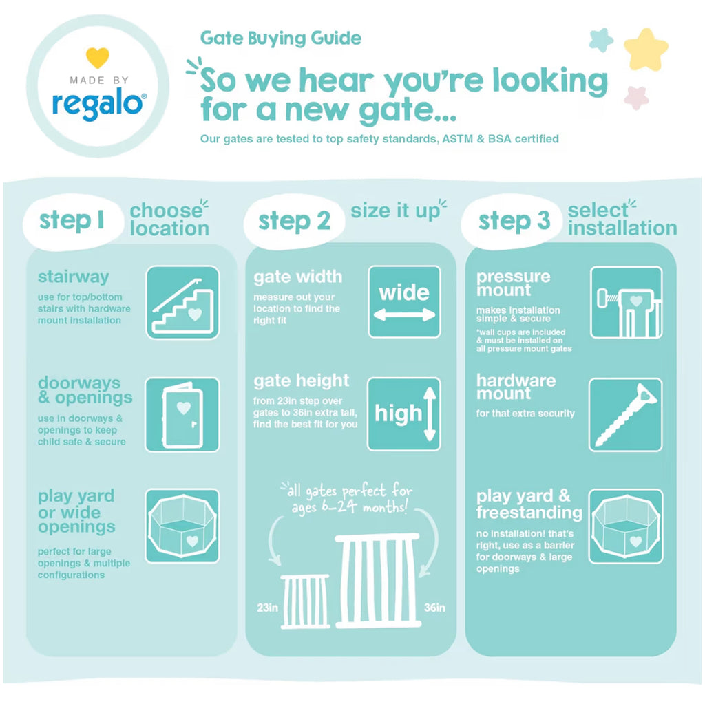 Regalo Safety 36" Extra Tall Baby Gate For Doorways & Bottom Of Stairs, Pressure Mounted Walk Through Gate For Babies, Toddlers & Pets, Tested & Safe For 30 Years, American Designed, American Owned