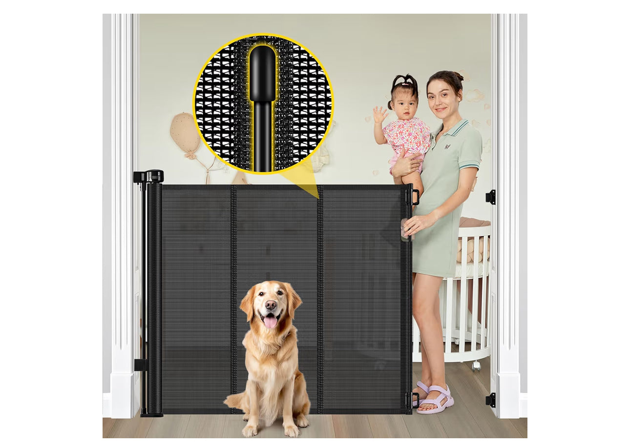 Reinforced 42” Extra Tall Retractable Baby Gates With Rods, Extends Up To 60” Wide, Tall Retractable Dog Gate For Doorways Prevent Crawling Through Mesh Pet Gate Indoor Outdoor, Black