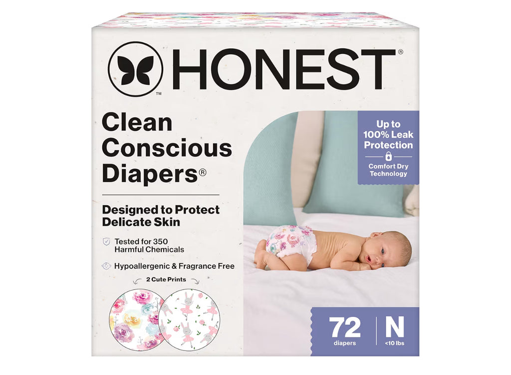 The Honest Company Comfort Dry Disposable Daytime Diapers For Sensitive Skin, Hypoallergenic, Rose Blossom + Tutu Cute, Club Box Size Newborn 72 Count