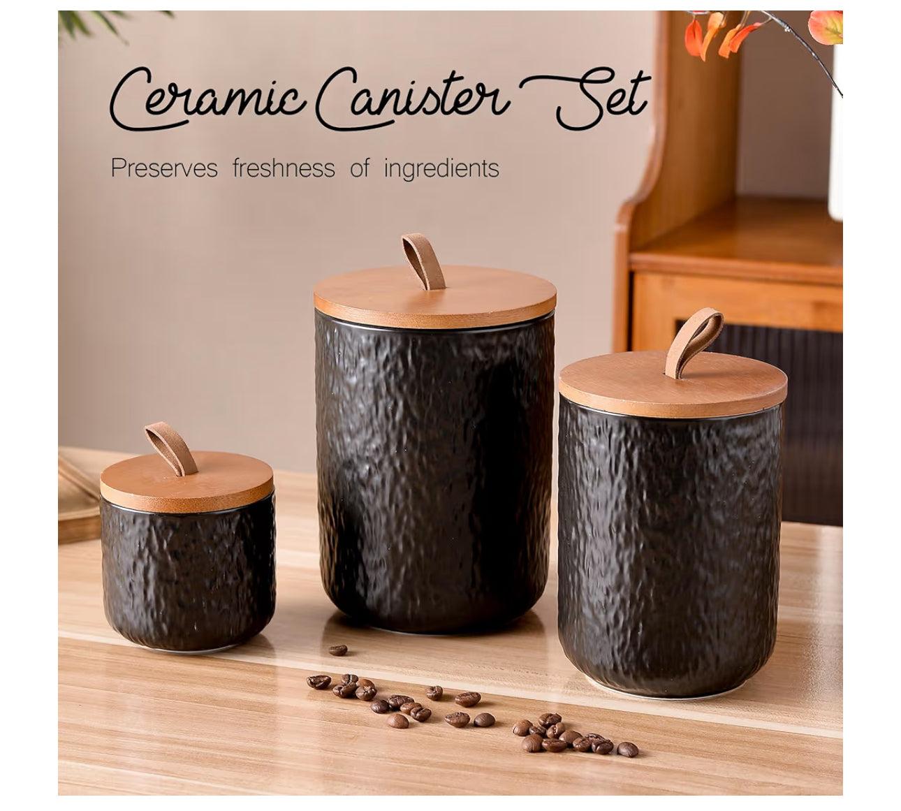 JOJUNO Black Ceramic Canister Set With Wooden Lid, 3-Piece Airtight Food Storage Jars For Kitchen Counter - Flour, Sugar, Coffee, Tea, Spice - Small, Medium, Large Sizes - Stone Texture