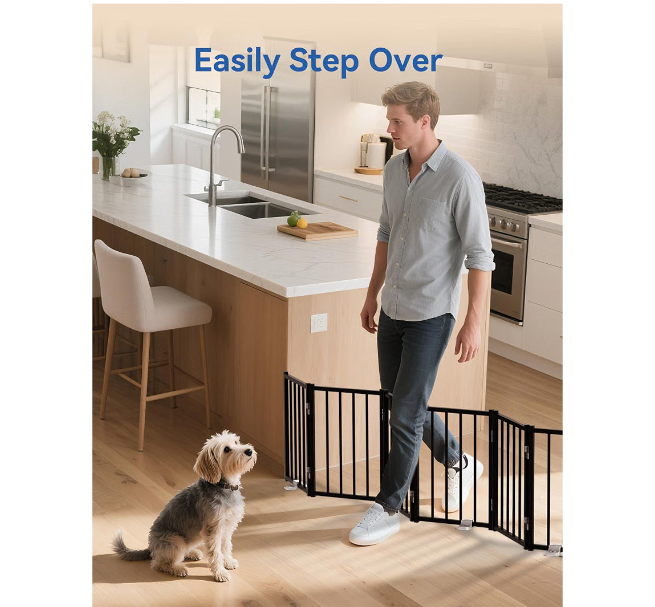 BFNN Metal Short Dog Gate, 16.5" High To Step-Over, Free Standing Foldable Pet Gate, Up To 72" Wide Puppy Fence For Stairs And Doorways, Indoor & Outdoor Use, No Drilling And No Assembly, Black