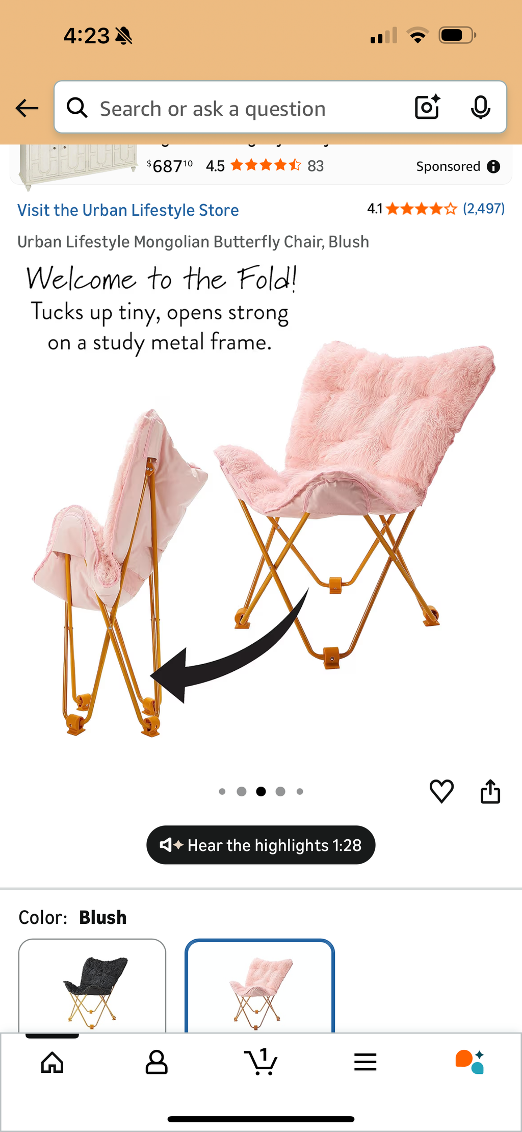 Urban Lifestyle Mongolian Butterfly Chair, Blush