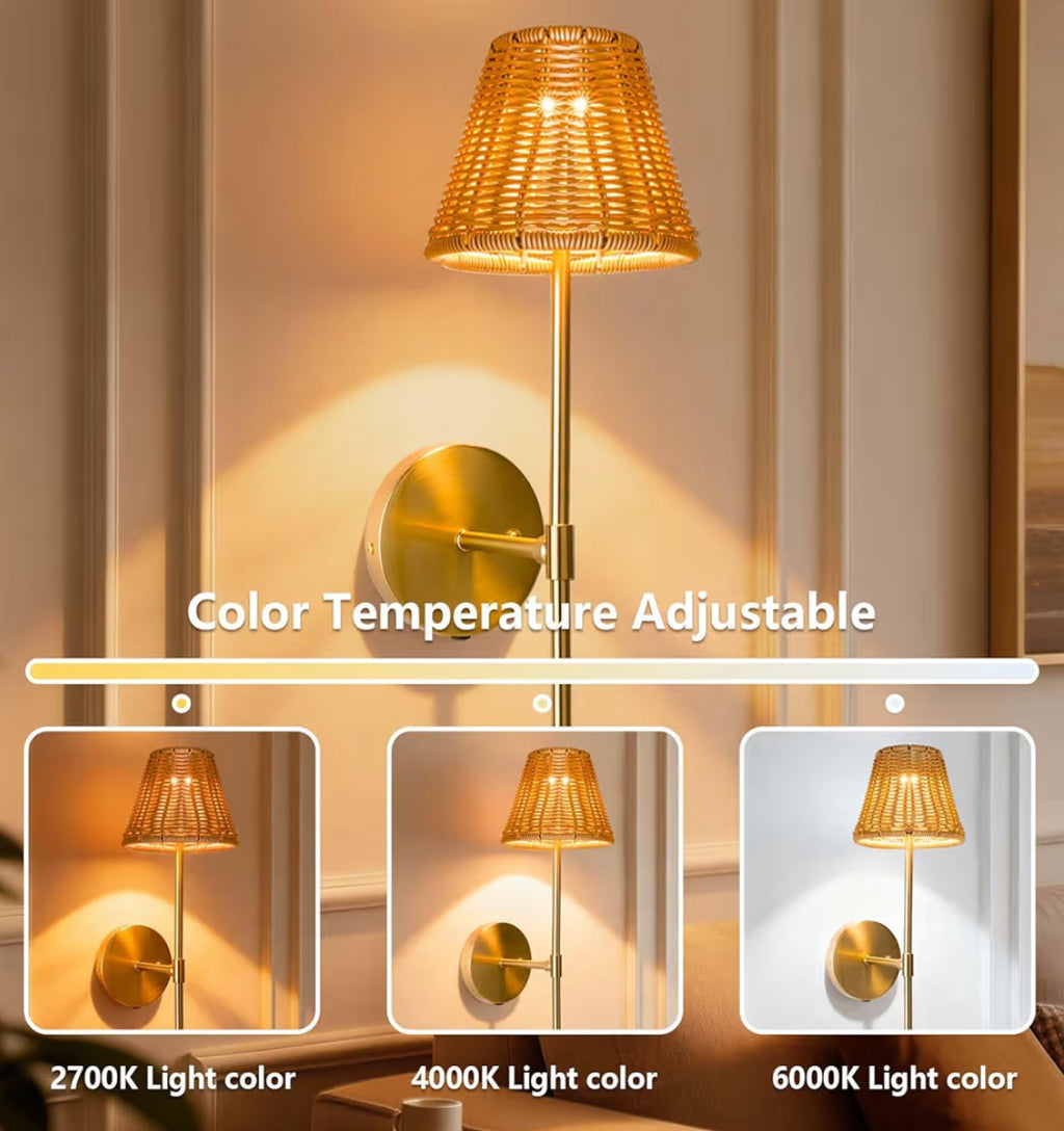 Dimmable Rechargeable Wall Sconce, Battery Operated Wall Light With 3 Color Temperatures & Touch Control, No Wiring Needed, Hand Woven Boho Rattan Lamps Set Of 2 For Living Room, Bedroom (Rattan)