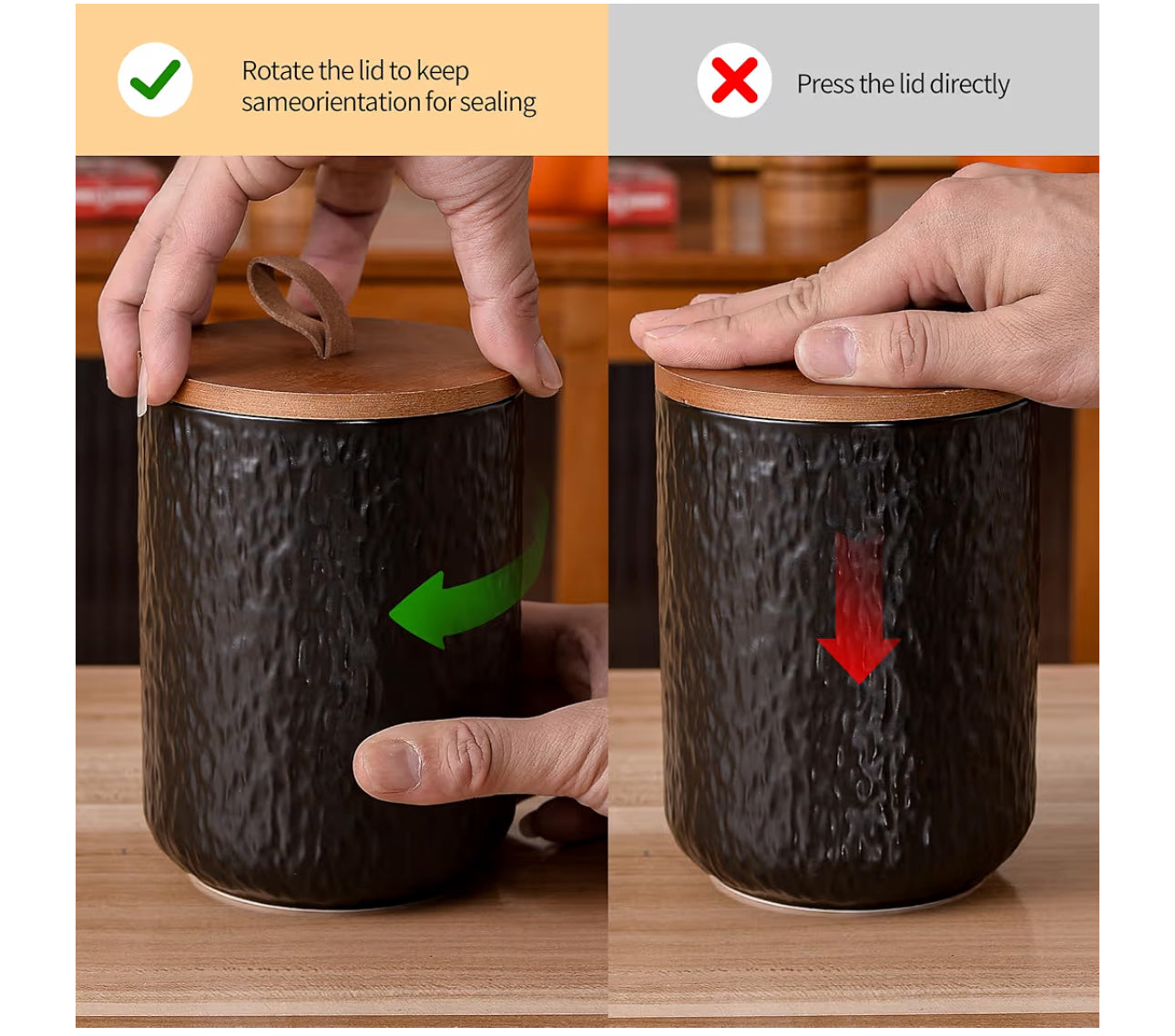 JOJUNO Black Ceramic Canister Set With Wooden Lid, 3-Piece Airtight Food Storage Jars For Kitchen Counter - Flour, Sugar, Coffee, Tea, Spice - Small, Medium, Large Sizes - Stone Texture