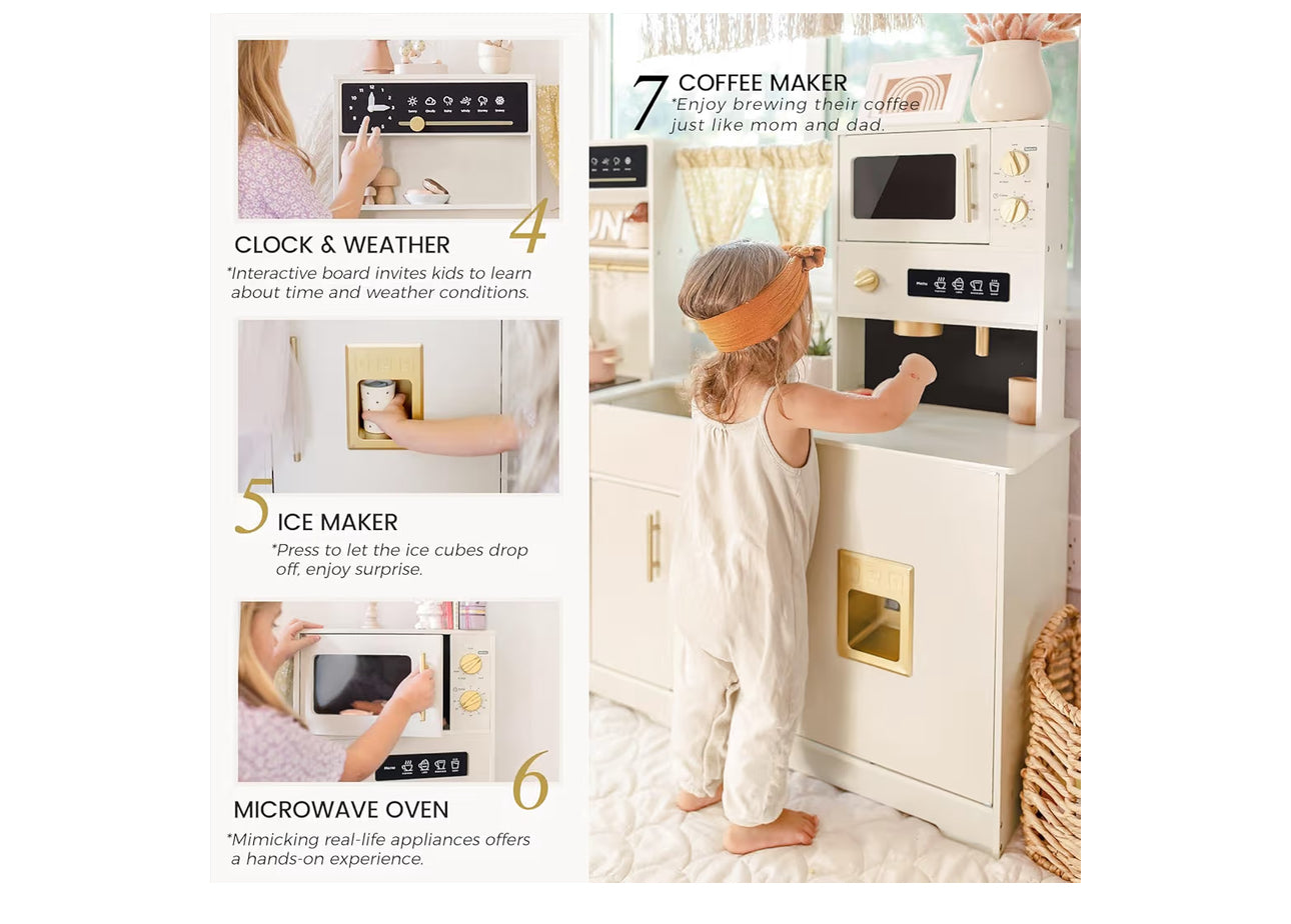 Tiny Land® Iconic Wooden Play Kitchen – Cream Pretend Cooking Set For Kids
