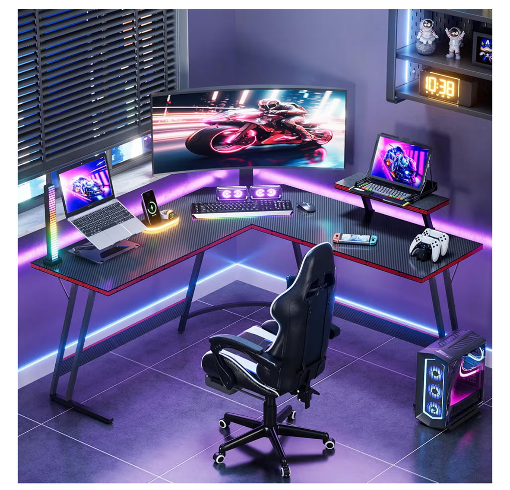 Homall L Shaped Gaming Desk Computer Corner Desk PC Gaming Desk Table With Large Monitor Riser Stand For Home Office Sturdy Writing Workstation (Black, 51 Inch)