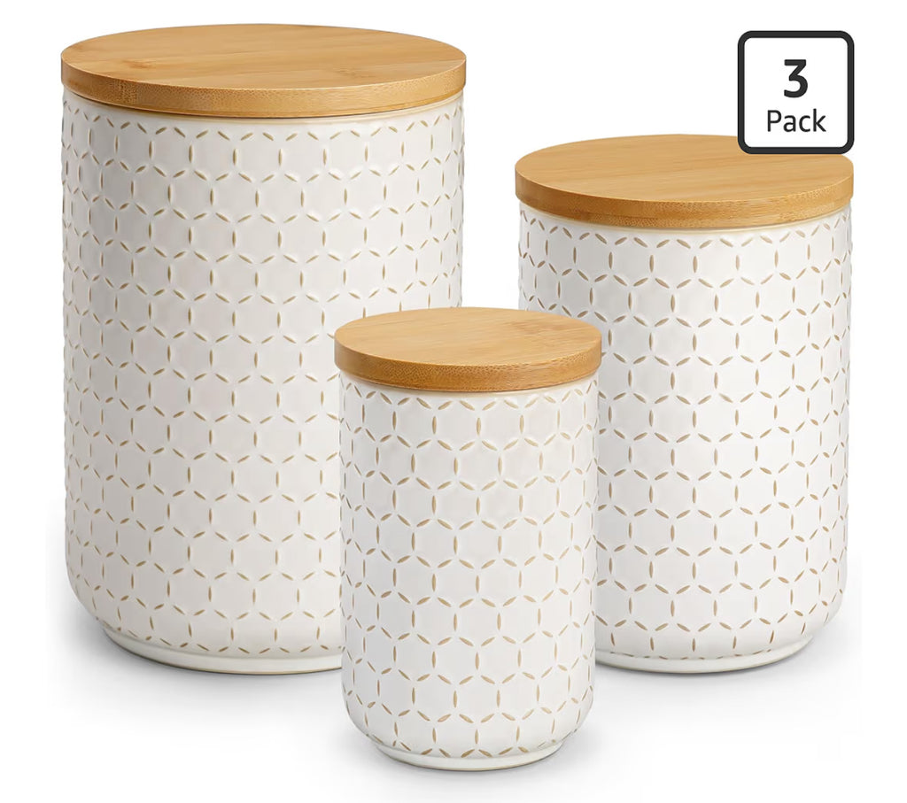 MALACASA LYDIA Ceramic Canisters Set With Airtight Lids, 80/40/20 Oz Coffee Canisters Sets For The Kitchen, Large Jars For Flour, Sugar, Pasta, Coffee, Cookies, Tea - Set Of 3, Hexagon