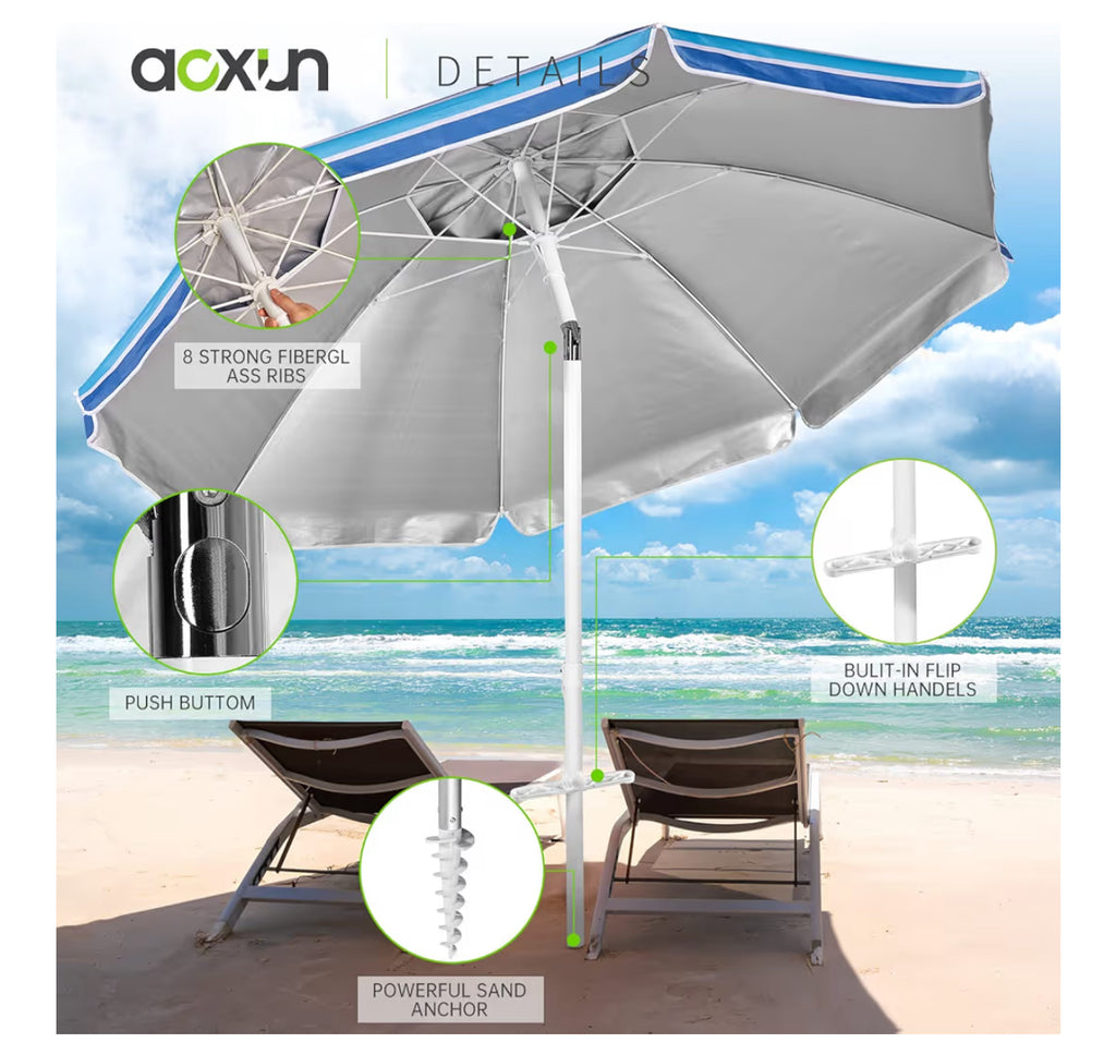 Aoxun 6.5ft Beach Umbrella With Tilt Pole, Portable Sand Anchor And Carry Bag, UPF 50+ Sun Shelter Air Vents Design For Outdoor Activities (Navy Blue & White)