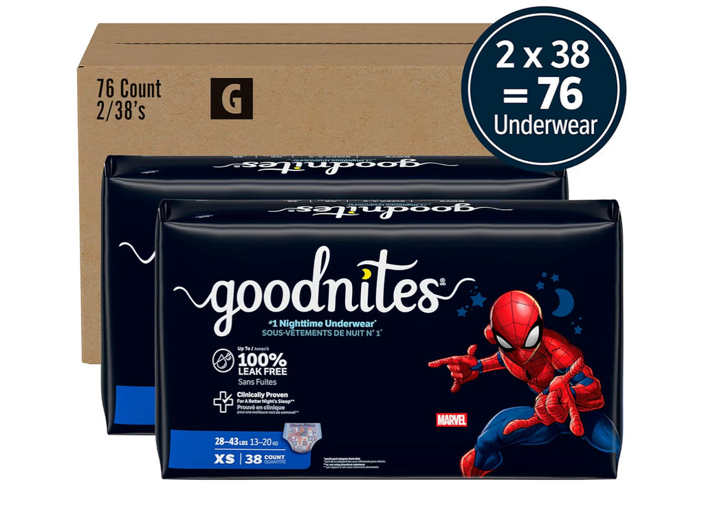Goodnites Boys' Nighttime Bedwetting Underwear, Size Extra Small (28-43 Lbs), 76 Ct (2 Packs Of 38), Packaging May Vary