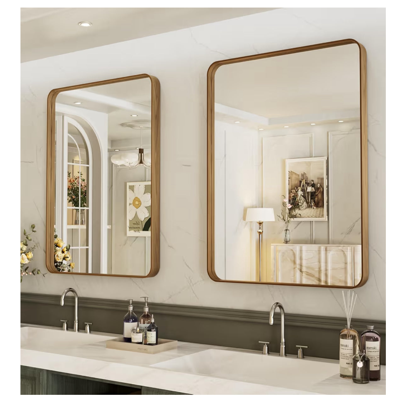 LOAAO 20X30 Inch Bathroom Mirror With Wood Grain Colored Metal Frame, Rounded Rectangle Metal Framed Bathroom Mirror, Anti-Rust, Hangs Horizontally Or Vertically