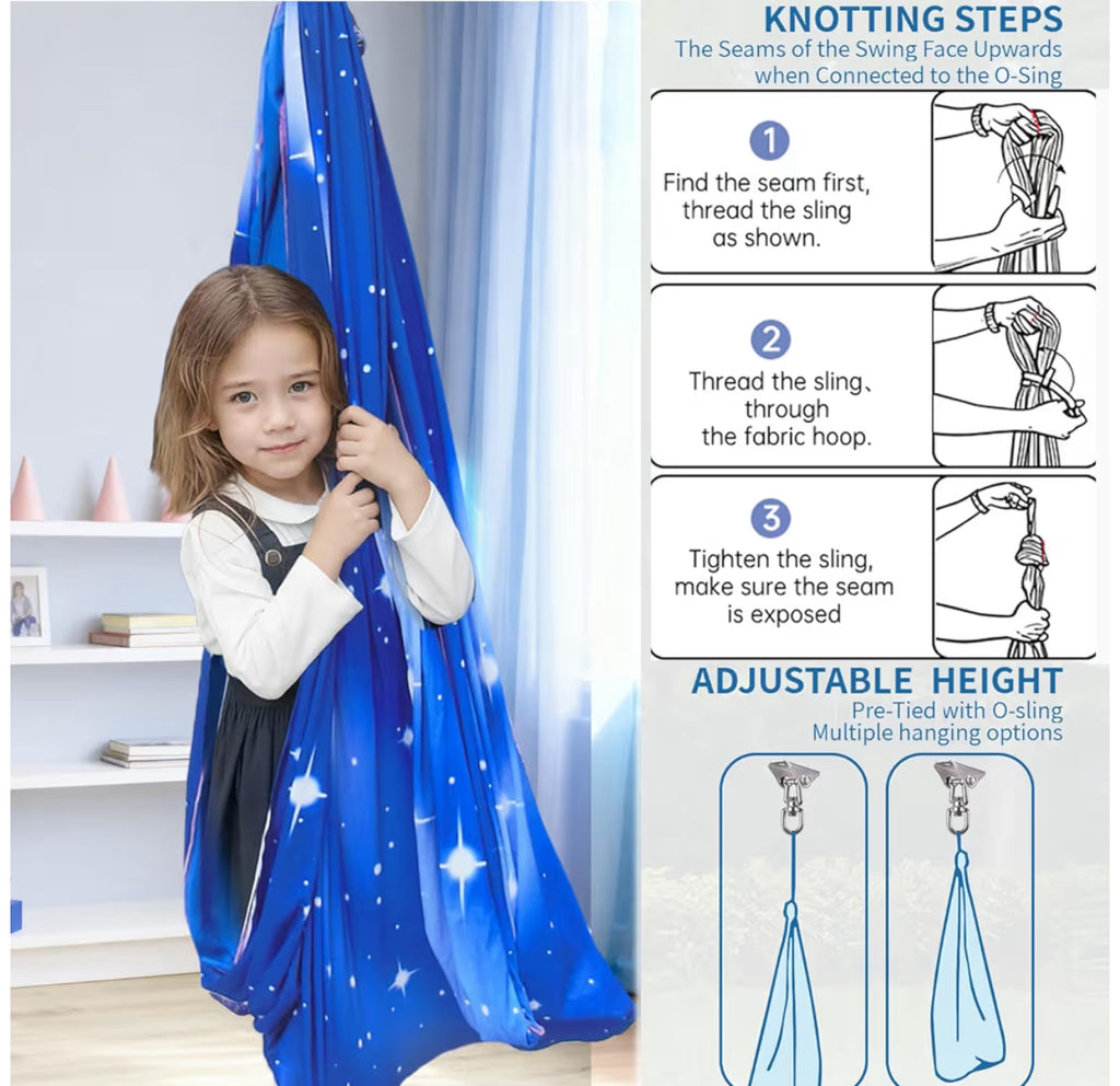 Sensory Swing For Kids & Adults With 360° Swivel Hanger Kit, Double Layer Elastic Therapy Swing Holds Up To 300lbs For Autism, ADHD,Aspergers, And SPD (Blue Sky Star)