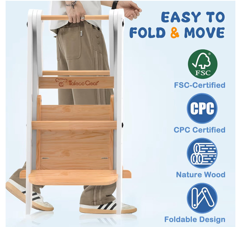 Foldable Toddler Tower, Toddler Kitchen Stool Helper With Safety Net, Wooden Kitchen Step Stool For Toddlers With Adjustable Height, Standing Tower For Learning And Cooking(White)