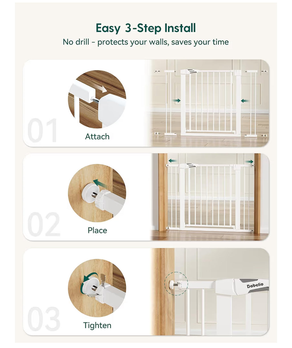 Babelio 36" Tall Baby Gate, PressGuard P7, 29-55" Auto Close Pressure Mounted Dog Gate for Doorways & Hallway, Basics Easy Walk Thru Pet Gate, Extra Wide Metal Child Gate, White