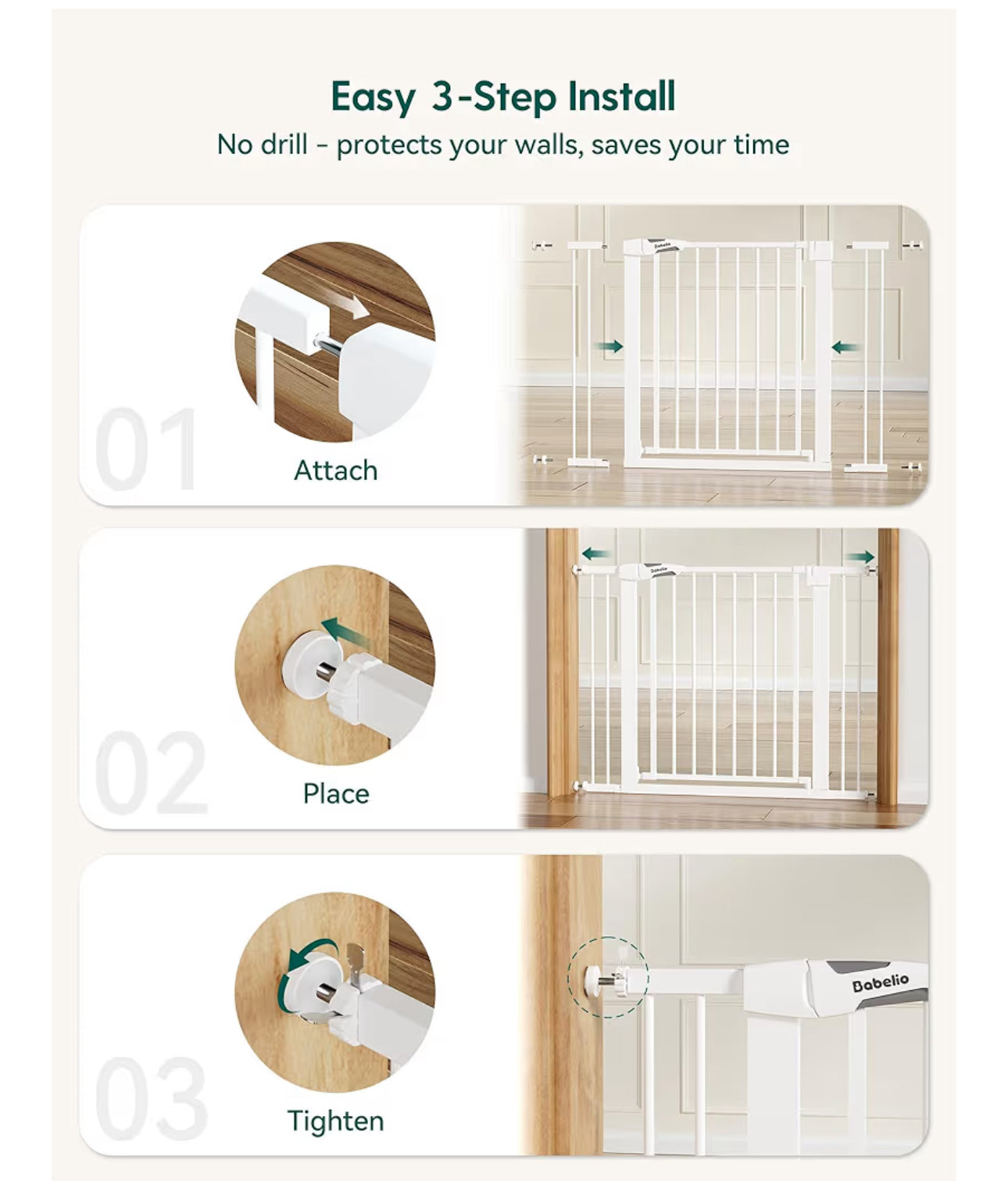 Babelio 36" Tall Baby Gate, PressGuard P7, 29-55" Auto Close Pressure Mounted Dog Gate for Doorways & Hallway, Basics Easy Walk Thru Pet Gate, Extra Wide Metal Child Gate, White