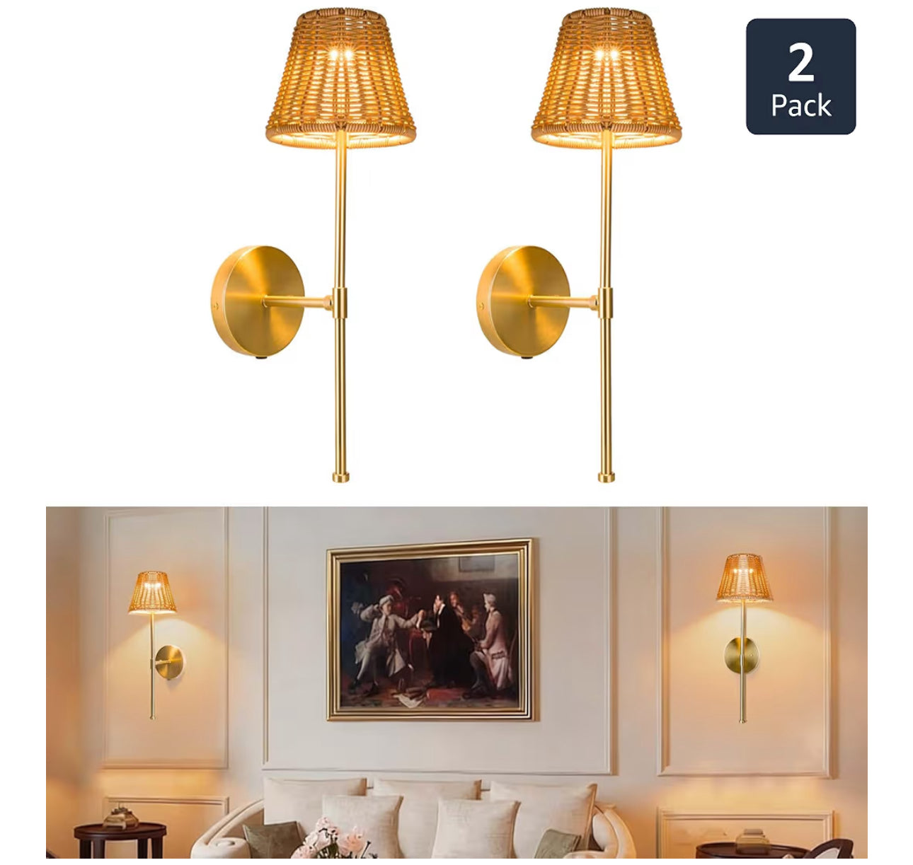 Dimmable Rechargeable Wall Sconce, Battery Operated Wall Light With 3 Color Temperatures & Touch Control, No Wiring Needed, Hand Woven Boho Rattan Lamps Set Of 2 For Living Room, Bedroom (Rattan)