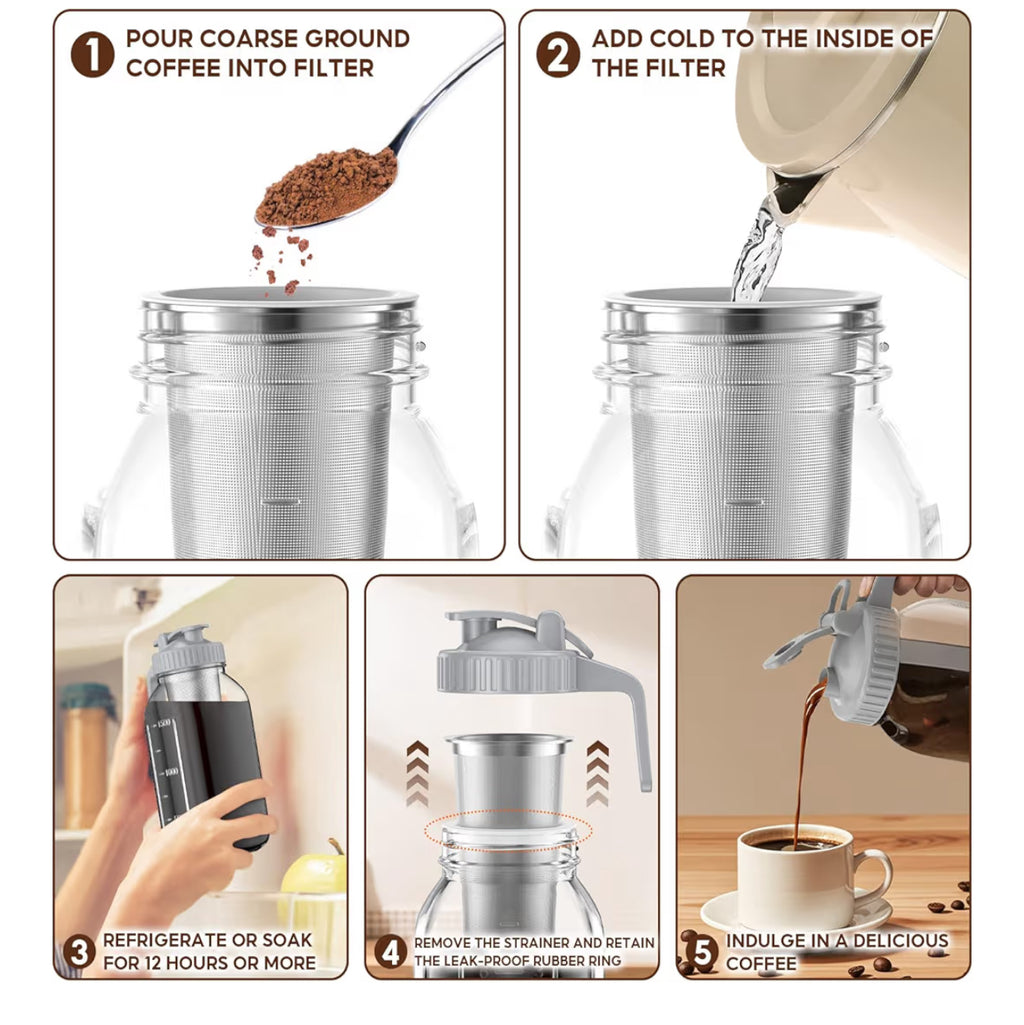 2 Pack 64 Oz Cold Brew Coffee Maker Jar - Thick Glass Cold Brew Maker With Handle, Stainless Steel Filter & Leak-Proof Lid, Cold Brew Pitcher For Iced Coffee,Tea And Milk (2 Quart / 1.9 Liter)
