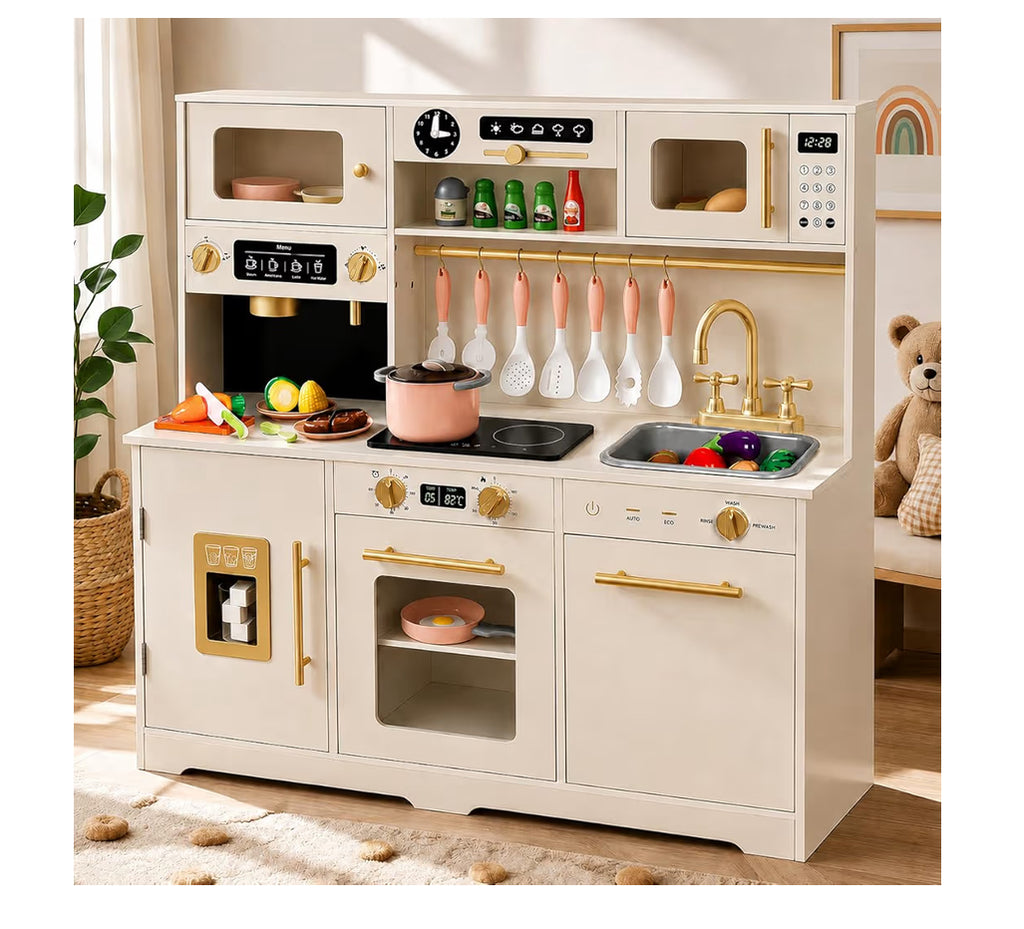Play Kitchen For Kids, Wooden Pretend Toy Kitchen Set With Appliances & Smart Storage, Kids Kitchen Playset With 49 Toy Food & Cookware Accessories For Toddlers, Stove, Play Sink, Gift For Ages 3+