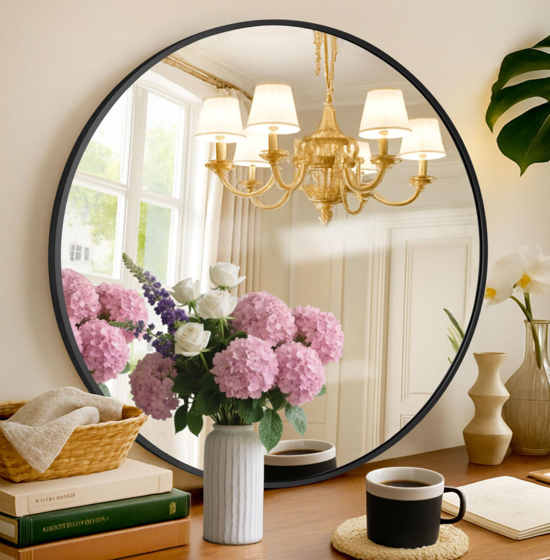 PUZONJIG Decor Mounted Mirror 20""X20"", Semicircle, Black