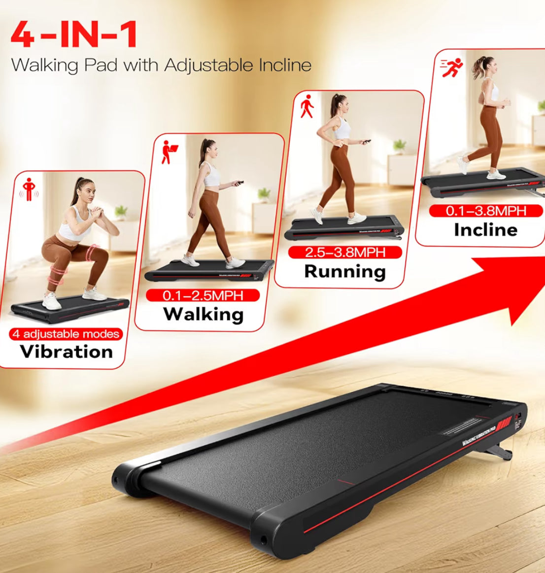Walking Pad Treadmill With APP, 3 In 1 Under Desk Treadmills, 2.5HP Low Noise Walking Vibration Pad With Remote Control,Portable Treadmill For Home Office, Red
