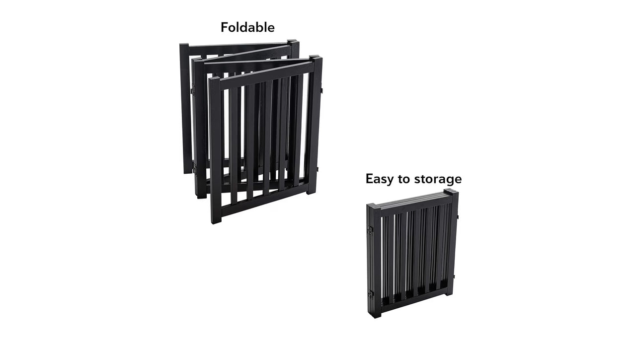 LZRS 4-Panel Wooden Free Standing Foldable Dog Gate Indoor – 24" High, Extra Wide Step-Over Safety Pet Gate For Doorways, Stairs, Hallways, Large Spaces & Playpen For Puppies Indoor Use, Black