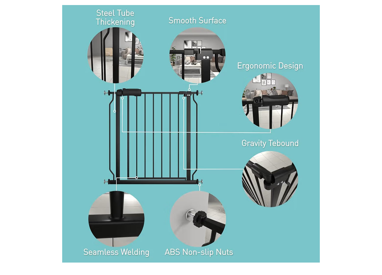 WAOWAO Baby Gate 62.19-66.92" Extra Wide Pressure Mounted Walk Through Swing Auto Close Safety Black Metal Toddler Kids Child Dog Pet Puppy For Stairs,Doorways,Kitchen